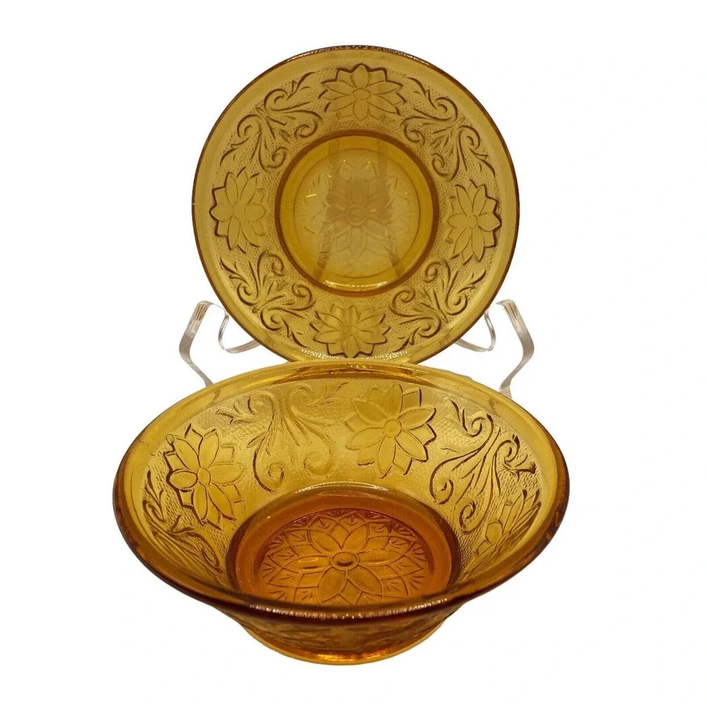 Vintage Indiana Glass Tiara Amber Sandwich Small Dessert Berry Bowls Set 2 1970s